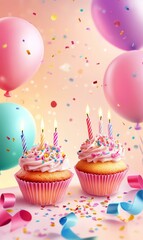 Birthday cupcakes with candles and confetti.