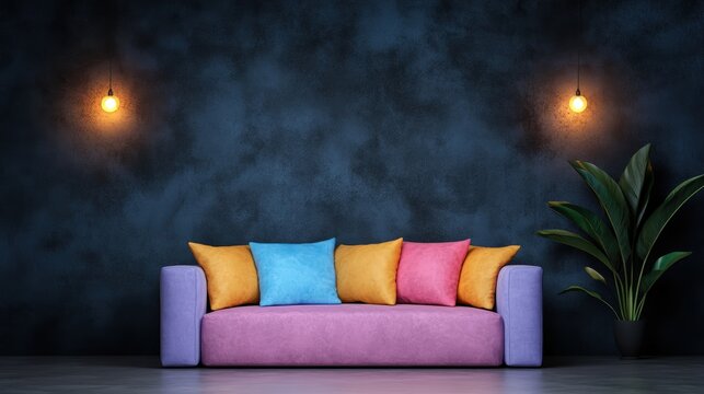 Stylish sofa with colorful cushions against a dark wall and greenery.