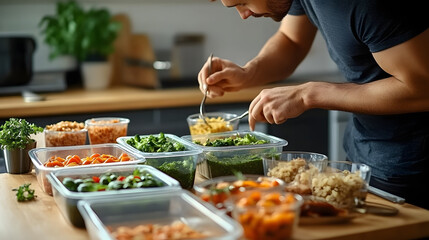 A lifestyle shot of a man enjoying a homemade meal prep with containers filled with nutritious and portioned meals. Generative AI