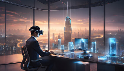 Businessman wearing futuristic VR glasses working in an office with transparent glass walls overlooking the city at night.