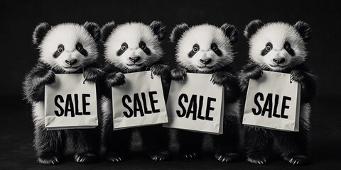 Obraz premium Cute baby pandas holding shopping bags with the word Sale on black background. Sales holiday, shopping and pet concept. For Black Friday, 11.11. Black and white portrait for poster, advertising, card