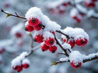Close-up of red berries covered in snow on a branch, showcasing a winter scene with frozen natural elements and seasonal beauty