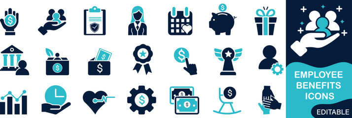 Employee benefits icon set. Solid flat vector icons collection
