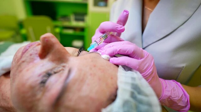 The patient during the injection therapy procedure, the doctor's pink gloves and reddened skin emphasize the seriousness of working with skin problems.