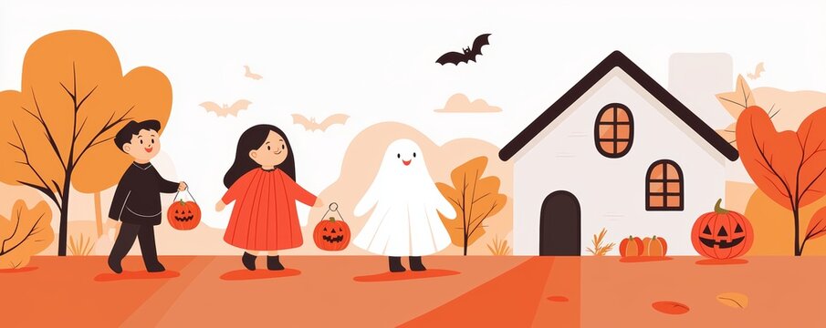 Children in Halloween attire gathering in a neighborhood park, getting ready for a trick-or-treat adventure.