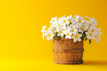 White flowers in wooden basket on yellow spring background