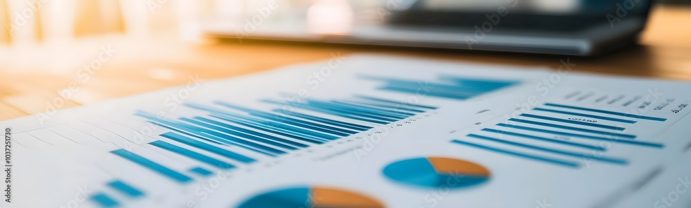 Poster Focused on data visualization, the image features analytical charts and graphs on a document, with a laptop in the background, conveying a professional workspace.