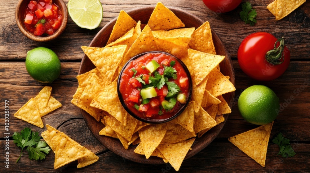 Poster corn chips are generously topped with cheese sauce, fresh salsa, and garnished with lime, served on 