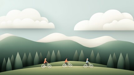 Peaceful cycling adventure in serene green landscape with rolling hills and soft clouds AI generated
