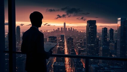 Fototapeta premium Silhouette of a CEO Standing in Front of a Large Office Window Overlooking the City