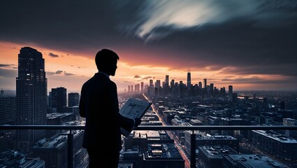 Fototapeta premium Silhouette of a CEO Standing in Front of a Large Office Window Overlooking the City