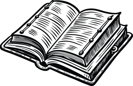 recommend clip art: Old Book Open Engraving Illustration – Black and White Detailed Art on White Background
