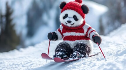 Fototapeta premium A cute panda skiing down the snowy slopes while wearing a red sweater and ski equipment during a winter afternoon