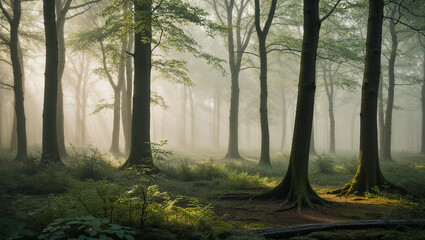 Calm Forest with Sunlight Streaming Through Trees for a Peaceful Scene