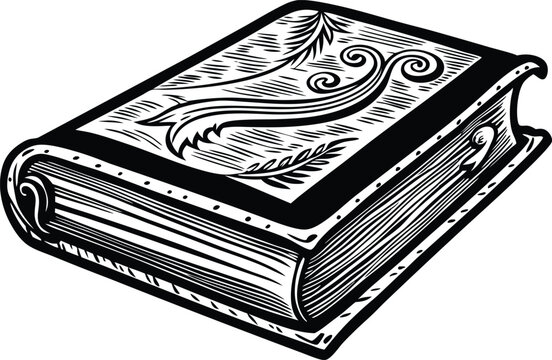 recommend clip art: Old Book Open Engraving Illustration – Black and White Detailed Art on White Background