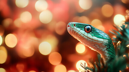 A striking green snake peeks out from lush foliage, surrounded by a beautiful bokeh of warm lights during twilight hours