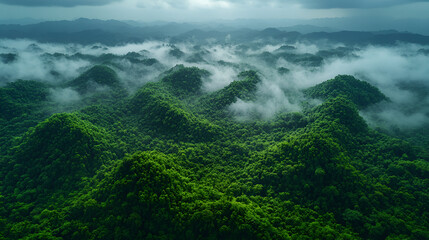 Obraz premium Lush green mountains shrouded in mist with a dramatic sky over a tropical landscape during the early morning hours
