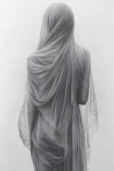 Surreal Ethereal Figure Wrapped in Flowing Translucent Veil, Capturing Ghostly Movements and Dreamlike Elegance in an Abstract Fantasy Setting