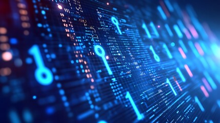 Abstract digital background with blue glowing keys and code on a dark blue background.