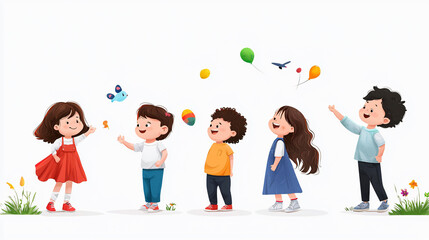 Fototapeta premium Children joyfully playing outdoors, engaging with colorful toys and balloons, showcasing essence of childhood development and happiness