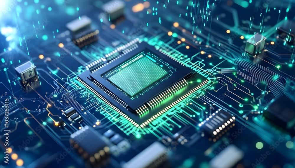 Aufkleber A close-up view of a microprocessor on a circuit board, showcasing intricate circuitry and glowing elements, reflecting technology and innovation.
