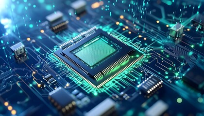 Fototapeta premium A close-up view of a microprocessor on a circuit board, showcasing intricate circuitry and glowing elements, reflecting technology and innovation.