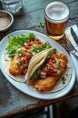 Enjoying delicious crispy fish tacos with fresh toppings and a refreshing drink in a cozy restaurant