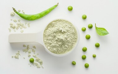 A clear view of a plastic scoop containing plant-based pea protein powder, complemented by fresh green pea seeds, against a white backdrop that offers plenty of space for customization 