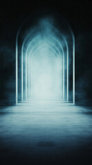 Obraz premium A long, mysterious hallway with arches leading to a bright light at the end.