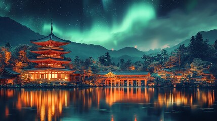 Obraz premium Aurora lights playing over the serene temples of Kyoto, blending Japan s spiritual tranquility with natures wonders