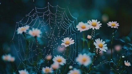 A close-up of morning dew droplets on a spider web, surrounded by tiny wildflowers in a natural setting