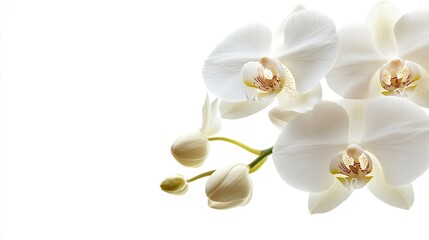 Obraz premium A close-up shot of a white orchid, its soft petals glowing against the pure white background, symbolizing refinement and beauty.