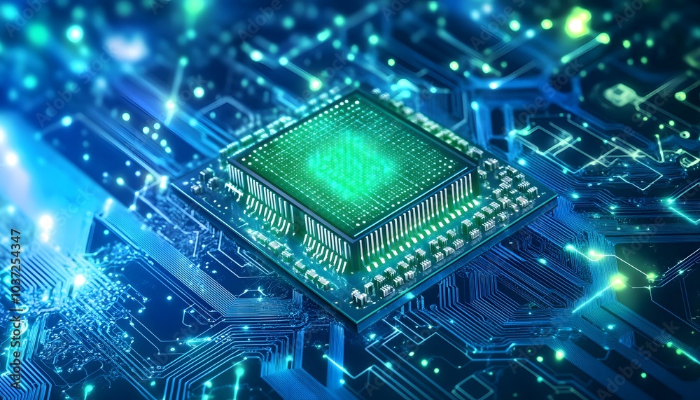 Poster a vibrant microchip sits at the center of a complex circuit board, glowing with blue and green light