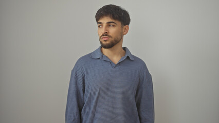 Handsome young arab man with a beard posing thoughtfully in a blue shirt over a white background