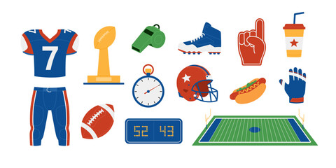 American football set with jersey, pants, prize, ball, whistle, stopwatch, scoreboard, boots, helmet, foam fingers, field, hot dog, drink and gloves. Sport game. Vector flat illustration