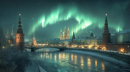 Northern Lights illuminating the skyline of Moscow, adding a magical aura to the historic city under a cold winter sky