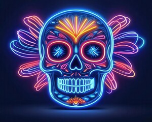 Fototapeta premium Radiant sugar skull with ultraviolet glowing patterns, surrounded by swirling neon light trails, sugar skull, dynamic neon art