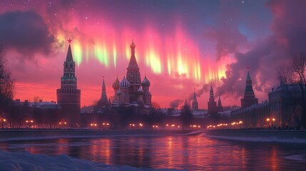 Obraz premium Northern Lights illuminating the skyline of Moscow, adding a magical aura to the historic city under a cold winter sky