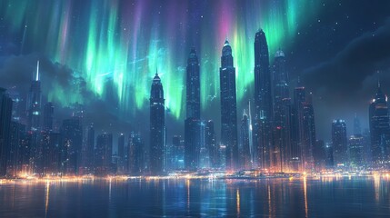 Northern Lights painting the sky over Dubai s futuristic skyline, mixing modern luxury with natures light display