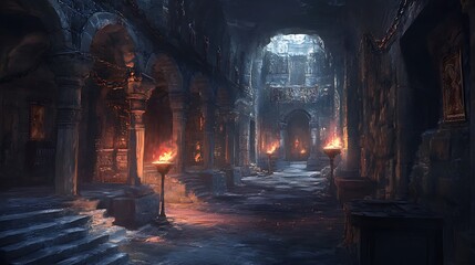 A dimly lit hallway with stone walls and arches, torches casting shadows.