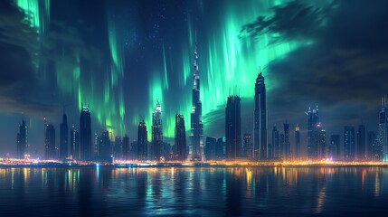 Fototapeta premium Northern Lights painting the sky over Dubai s futuristic skyline, mixing modern luxury with natures light display