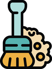 Cleaning brush sweeping dust balls away in colorful cartoon style