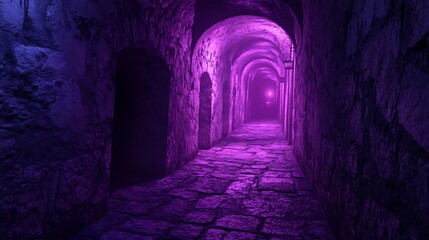 Obraz premium A long, dark, and narrow stone corridor with arched doorways and purple lighting.