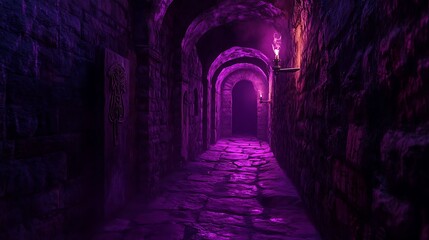Obraz premium A dimly lit stone corridor with arched doorways and lit by candles casts an eerie purple glow on the stone walls.