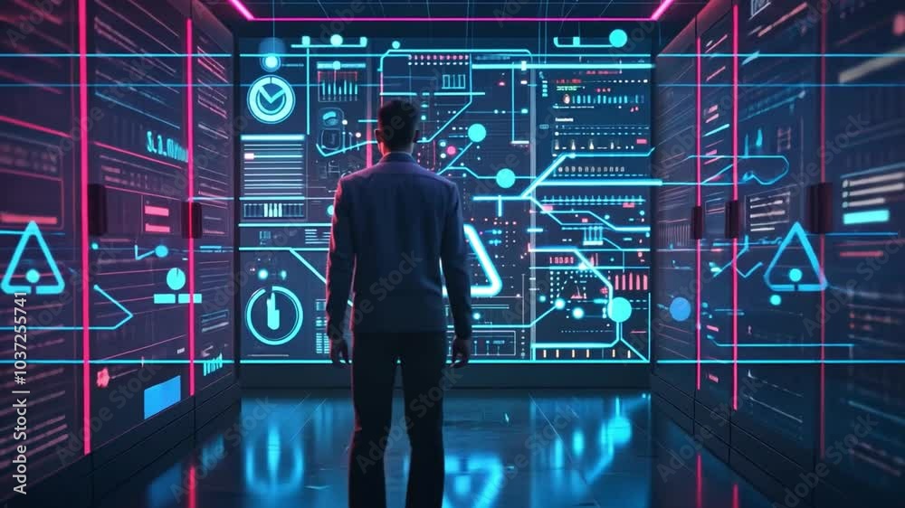 Poster The individual stands captivated by vibrant digital screens showcasing analytics and data flows in a cutting-edge control room lit by neon lights.