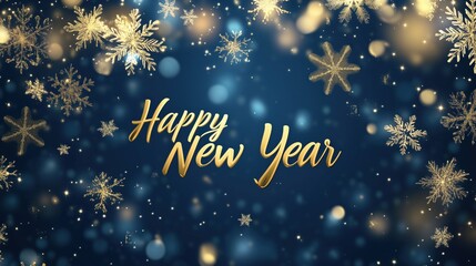 Elegant New Year Card with Gold “Happy New Year” Text and Snowflakes