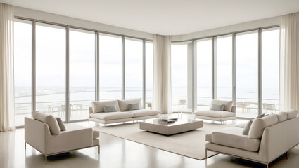 Fototapeta premium Spacious modern living room with large windows and neutral furniture in a bright interior