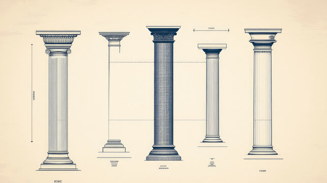 A blueprint illustration of five different types of classical columns.