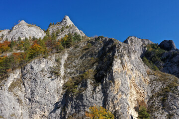 Aerial view of rocky limestone mountains and autumn forest