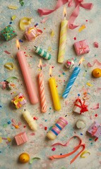 Fototapeta premium Birthday celebration with gifts, candles, and confetti.